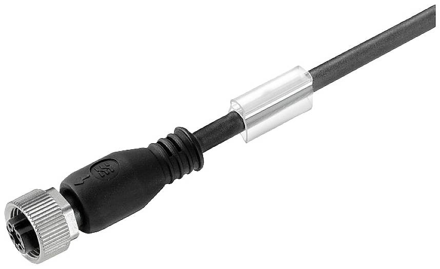 Ein schwarzes Kabel mit einem Metallstecker an einem Ende und einer durchsichtigen Kunststoffhülle in der Mitte.