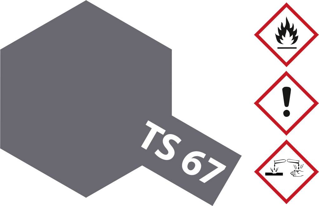 Graues Sechseck mit Aufschrift 'TS 67'. Rechts: Piktogramme für 'entflammbar', 'Achtung' und 'ätzend' in roten Rauten.