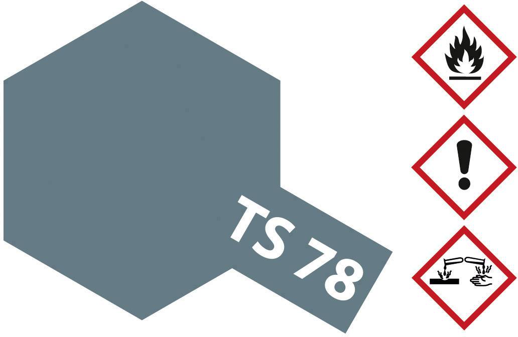 Graue sechseckige Farbdose 'TS 78' mit Gefahrensymbolen: Flamme, Ausrufezeichen, ätzend für Hände/Material.