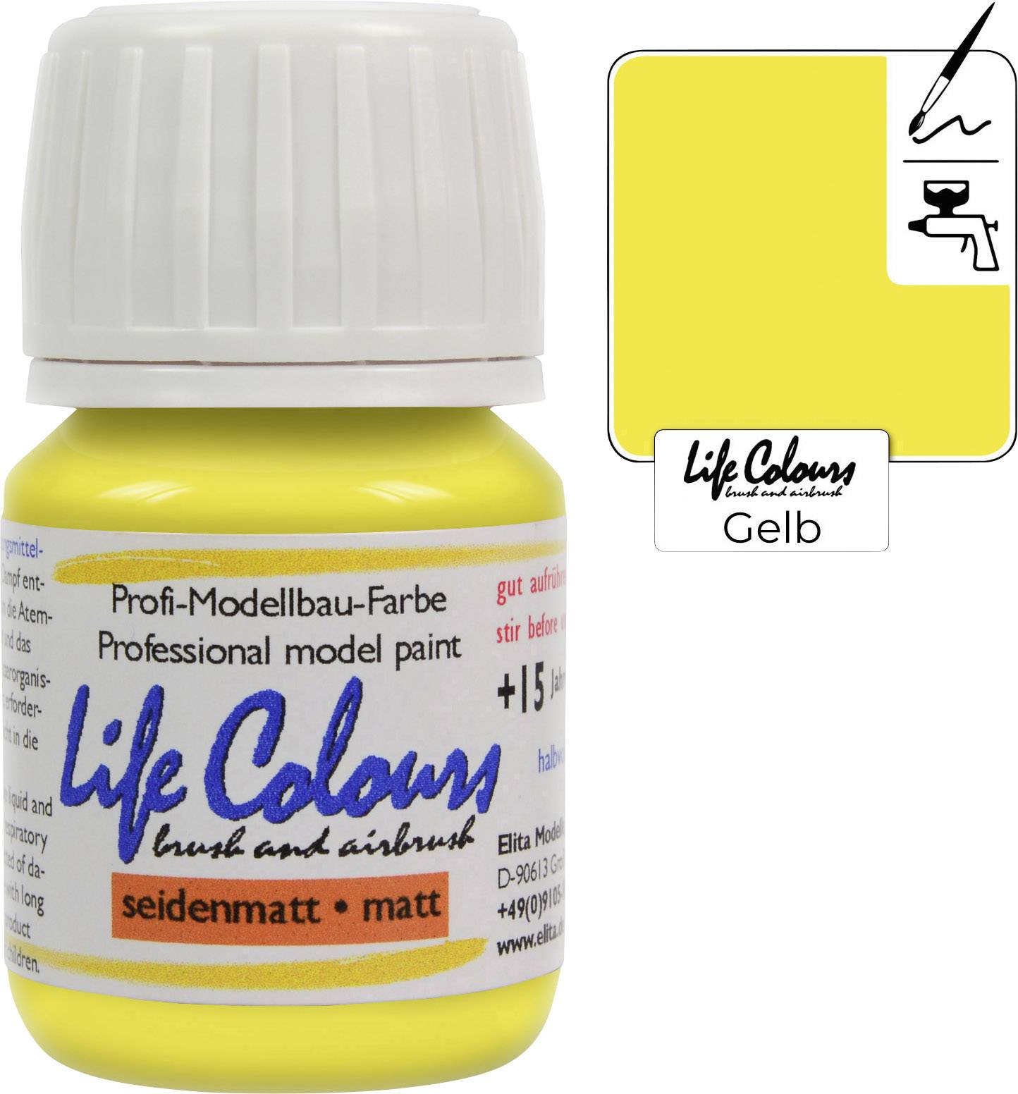 Gelbe Modellbaufarbe 'Life Colours' für Pinsel und Airbrush, seidenmatt, professionelle Qualität, gut deckend, 15 ml Flasche.