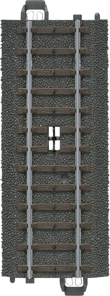 Modelleisenbahn-Gleisstück mit dunkelbrauner Holzstruktur und schwarzem Schotterbett, Ansicht von oben.