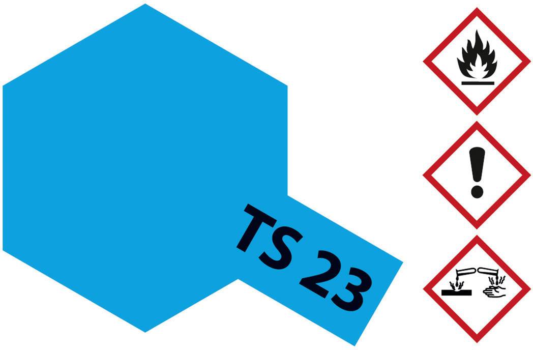 Blauer sechseckiger Hintergrund mit 'TS 23'. Rechts Symbole: brennende Flamme, Ausrufezeichen und Gefahr durch Chemikalien.