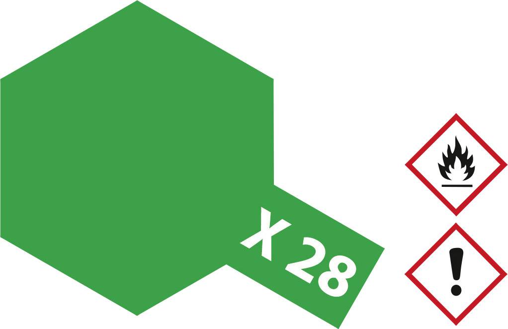Grüne sechseckige Form mit der Aufschrift 'x 28' links. Rechts sind Gefahrensymbole: Flamme, Ausrufezeichen.