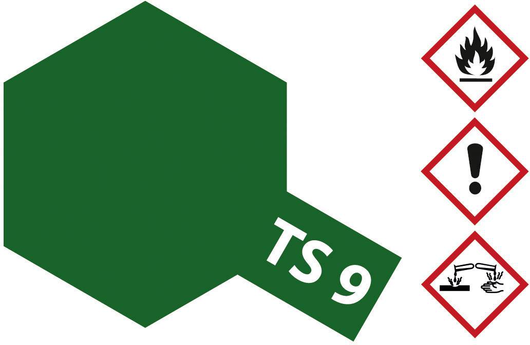 Grünes Sechseck mit 'TS 9'. Drei Sicherheitssymbole: Flamme, Ausrufezeichen, Ätzend. Indikationen für Gefahr und Vorsicht.
