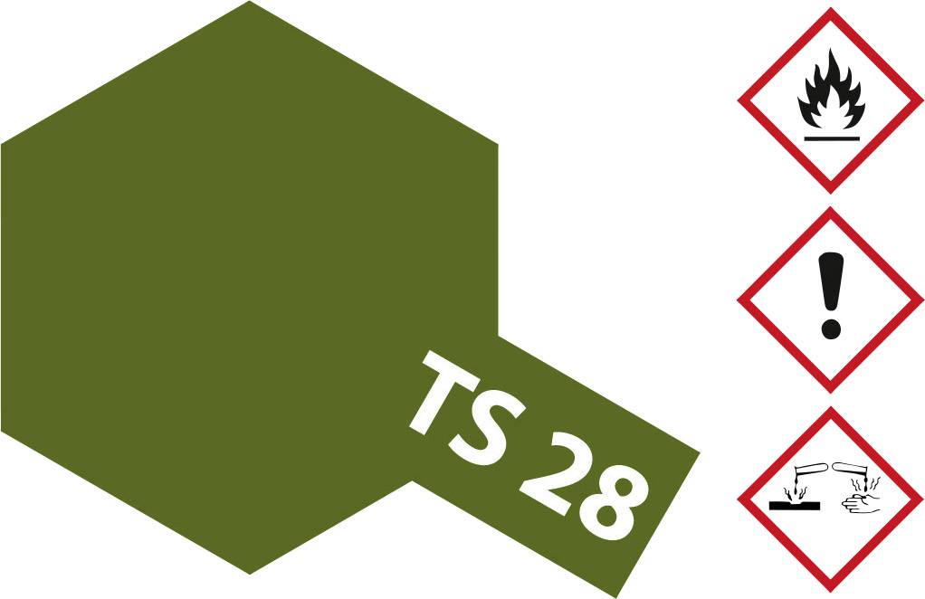 Sechseckige, olivgrüne Farbprobe mit der Aufschrift 'TS 28'. Rechts drei Gefahrensymbole: Brennend, Achtung, Ätzend.