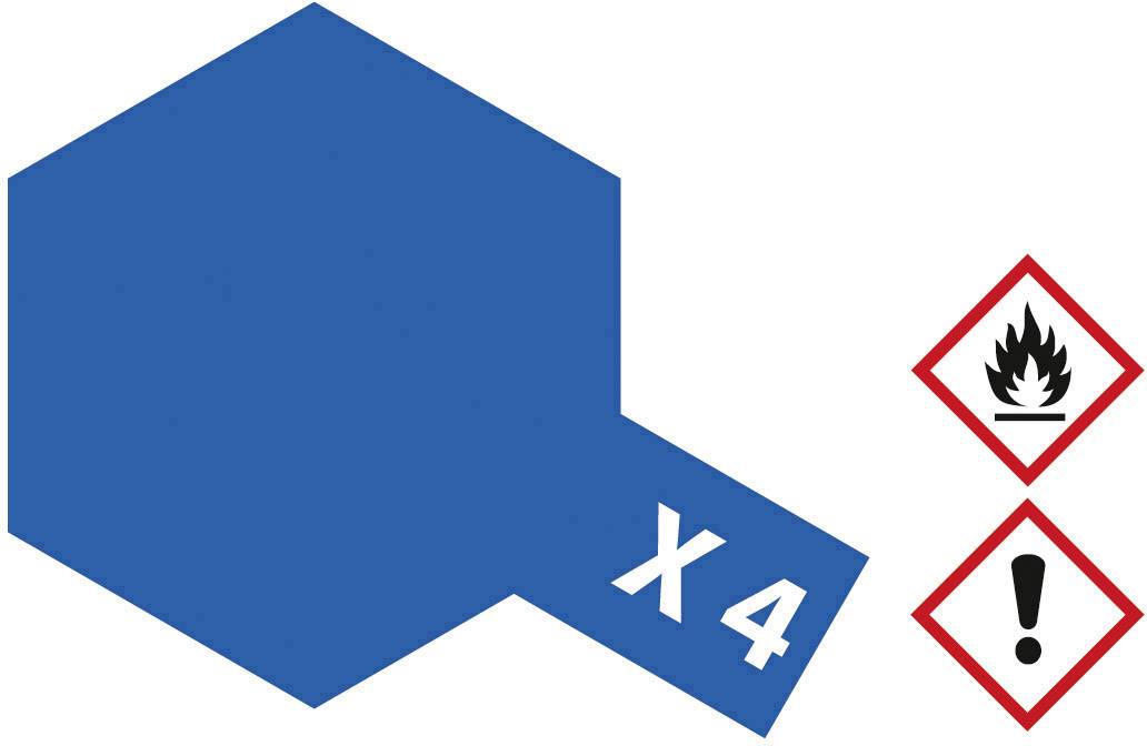 Blaues sechseckiges Symbol mit 'X4' zeigt Gefahrenstufe an. Rechts zwei Warnsymbole: Flamme (entflammbar) und Ausrufezeichen (Vorsicht).