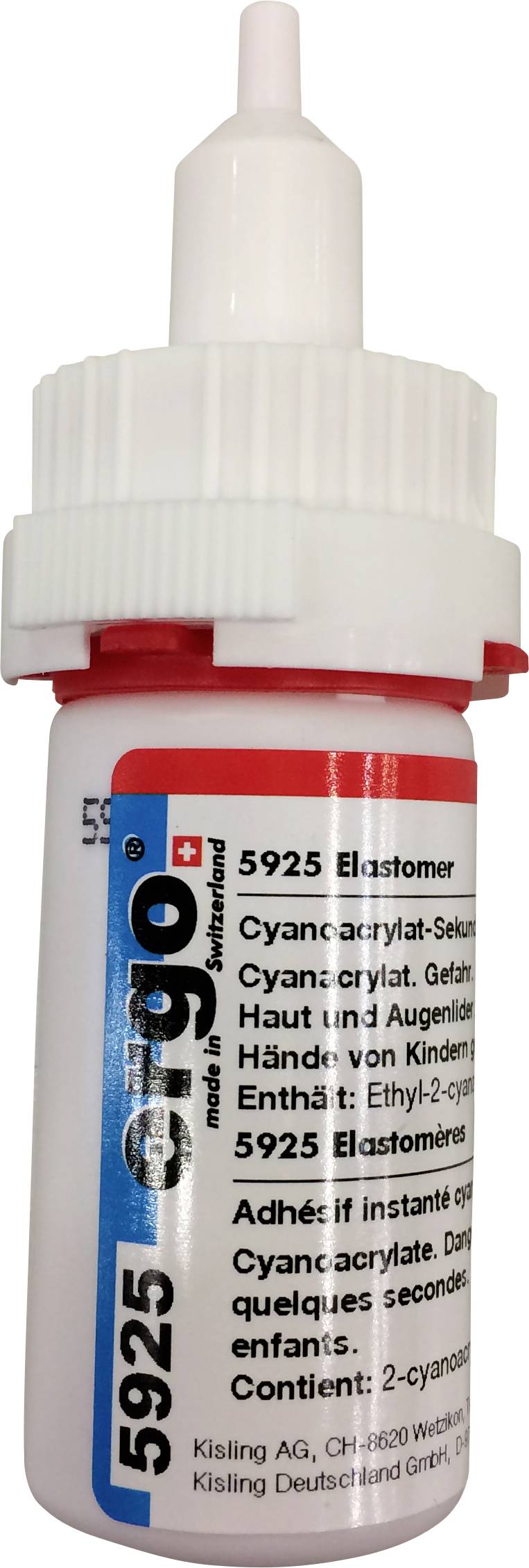 Eine Flasche Sekundenkleber der Marke Ergo 5925 mit Applikatorspitze. Enthält 2-Cyanoacrylat und Warnhinweise zur sicheren Anwendung.
