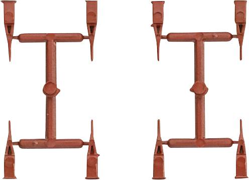 Rote Kunststoffteile in Form des Buchstabens 'H', die an Modellbaurahmen befestigt sind. Sie sind sauber angeordnet.