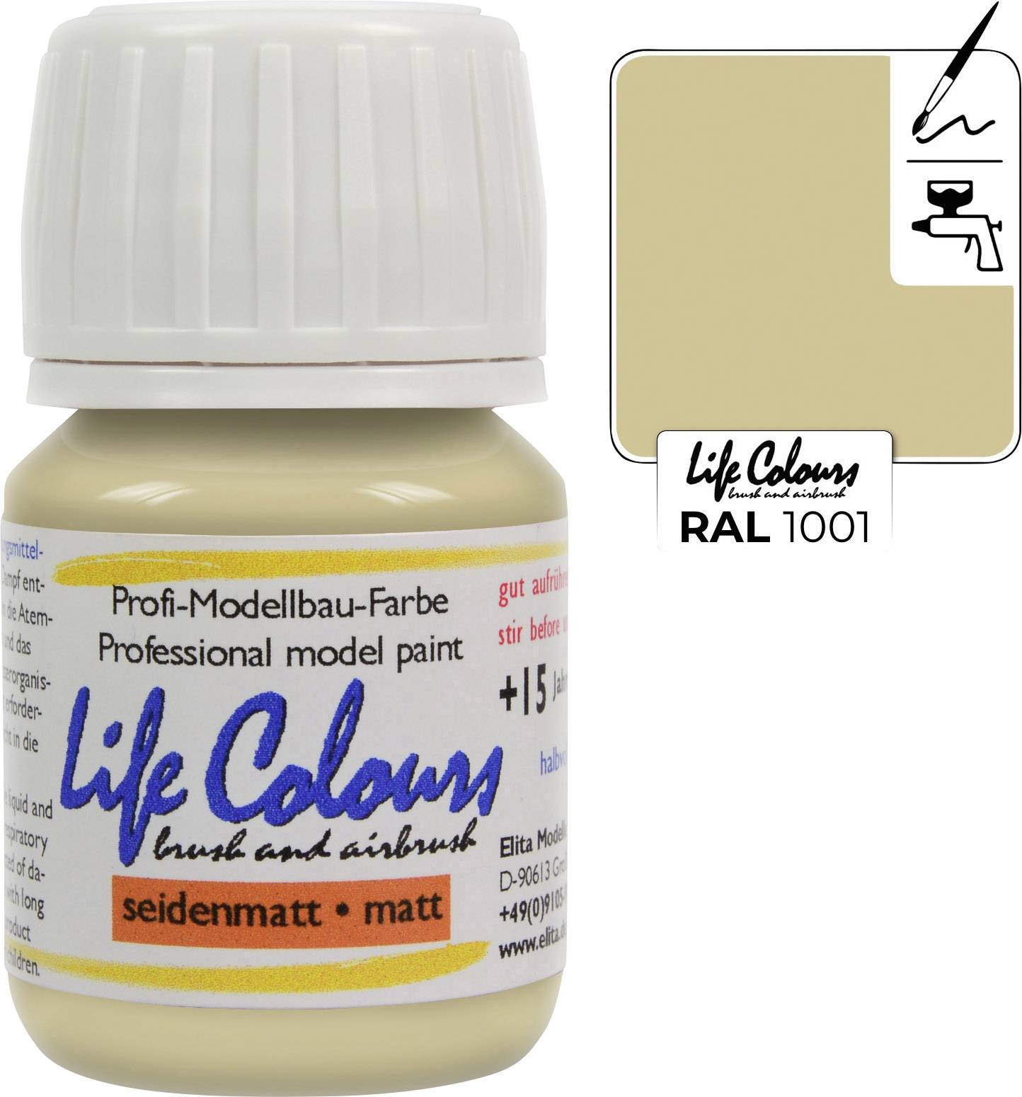 Beige Modellbaufarbe 'Life Colours' RAL 1001, matten Glanz, geeignet für Pinsel und Airbrush. Gut deckend, Plus 15 ml Inhalt.