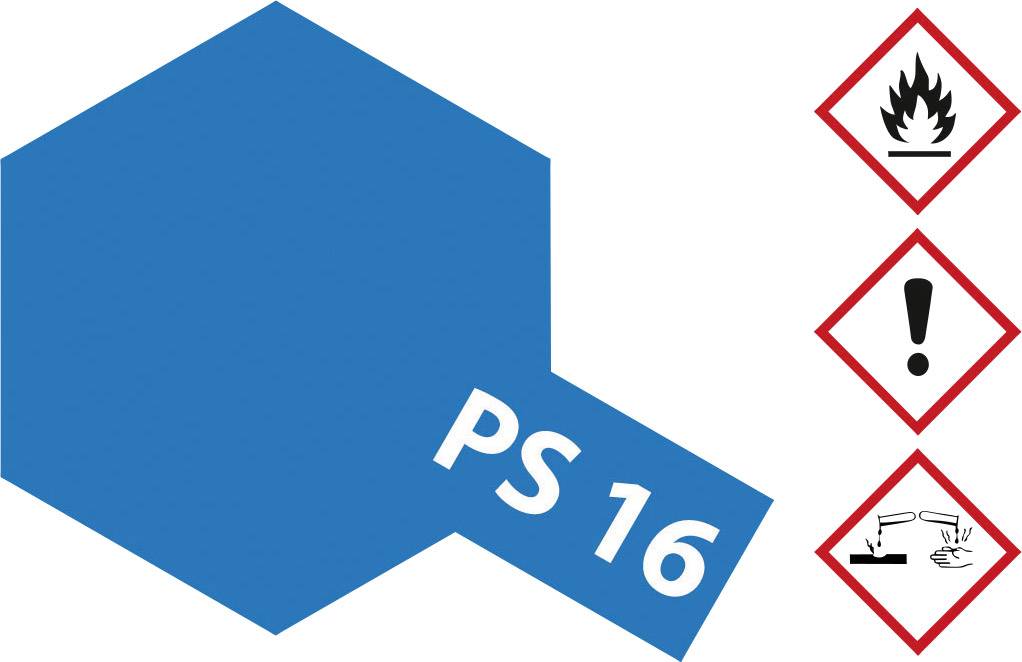 Blaues Sechseck mit der Aufschrift 'PS 16' links. Rechts befinden sich Gefahrensymbole: Flamme, Ausrufezeichen, ätzende Substanz.