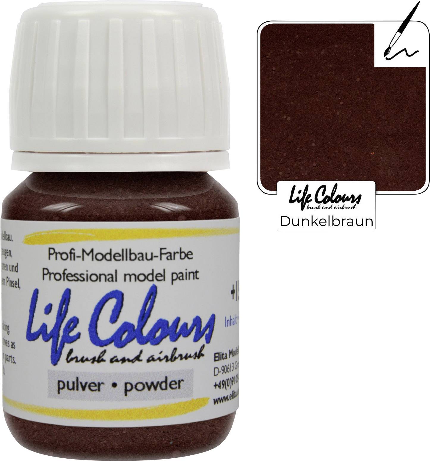 Kleine Flasche mit dunkelbrauner Modellbau-Farbe 'Life Colours'. Etikett zeigt Marke und Farbe.