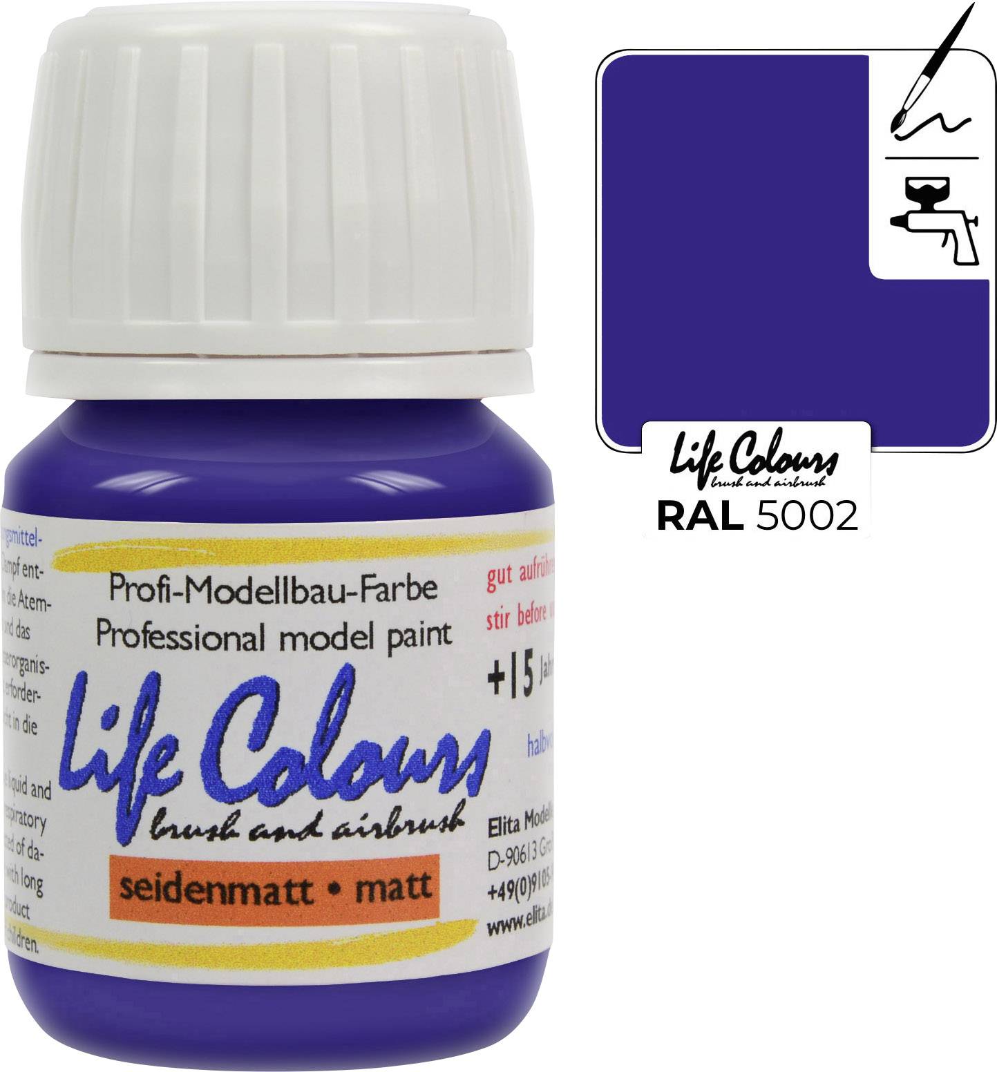 'Life Colours' RAL 5002 in dunkelblauer Flasche, ideal für Pinsel- und Airbrush-Techniken. Seidenmatte, professionelle Modellbaufarbe.