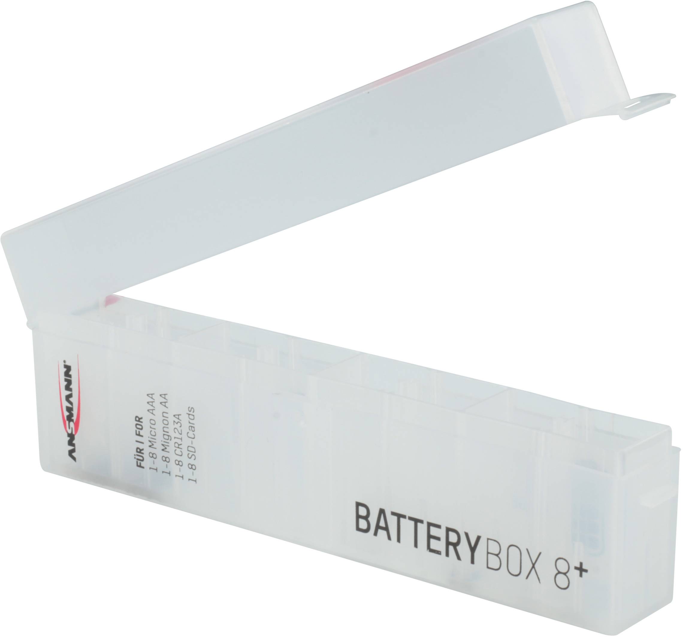 Eine geöffnete transparente Akkubox von Ansmann zur Aufbewahrung von bis zu acht AA-Batterien.