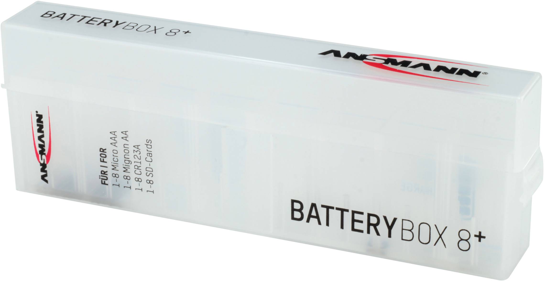 'Ansmann Battery Box 8+' in Weiß, geöffnet mit Fächern für Batterien.