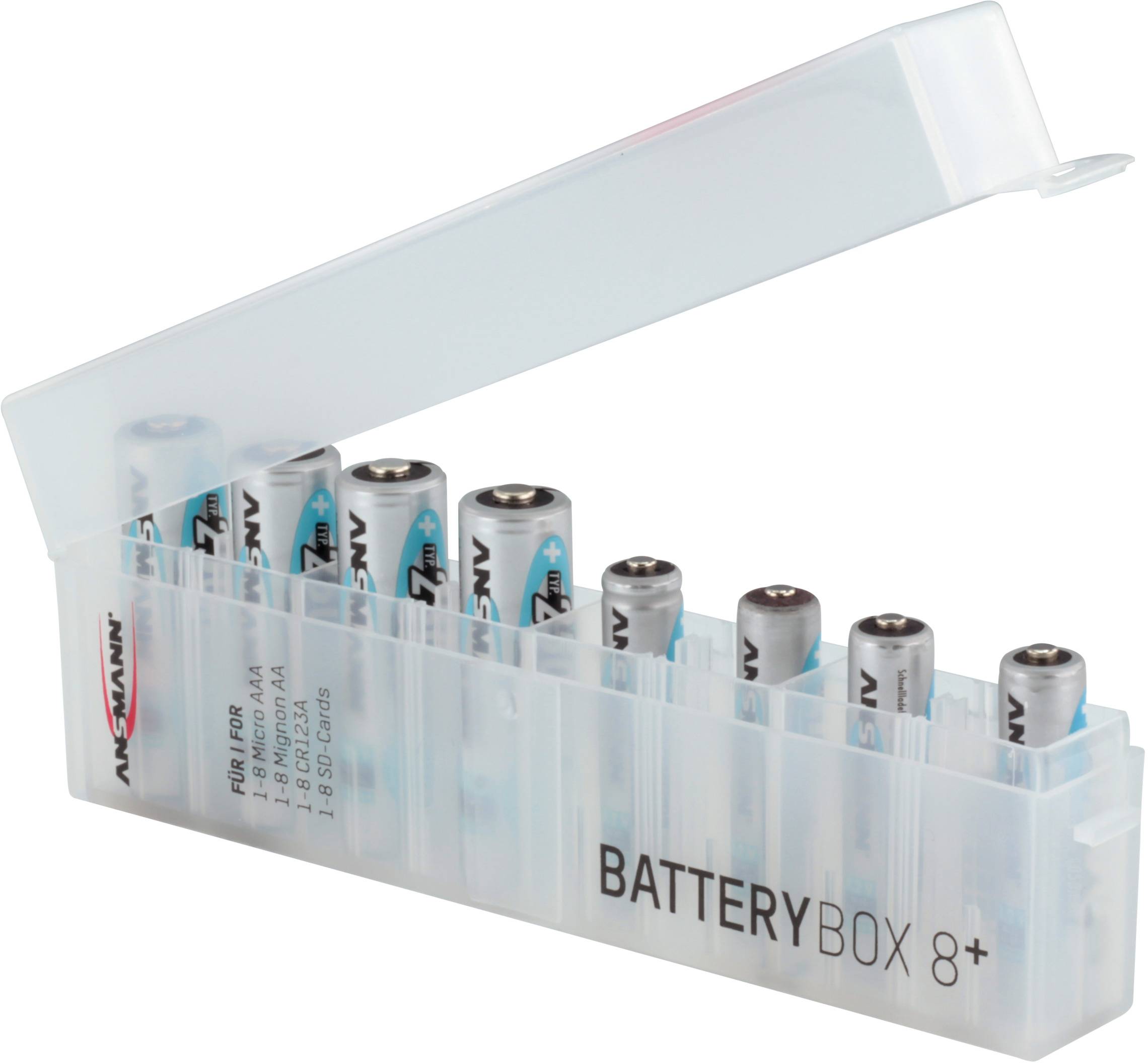 Eine transparente Batteriefachbox mit acht stehenden AA-Batterien, die teilweise sichtbar sind.