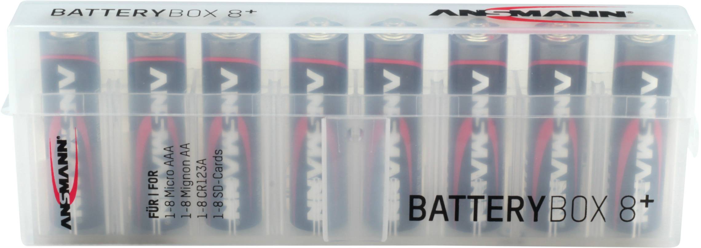 'Batteriebox 8+' enthält acht AA-Batterien in transparenter Kunststoffbox. Aufschrift 'Ansmann'. Box schützt und organisiert Batterien.