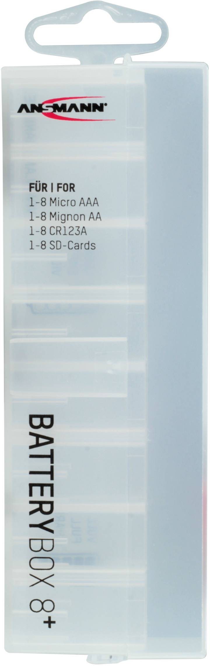 Batteriebox von Ansmann zur Aufbewahrung von bis zu 8 AAA- oder AA-Batterien und SD-Karten.