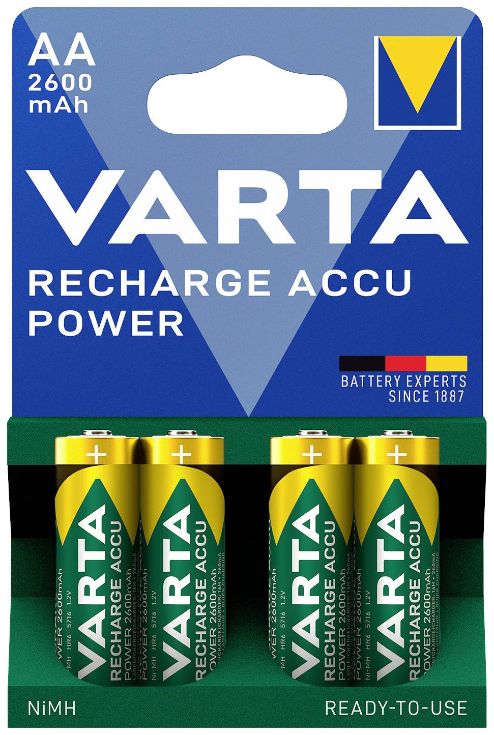 Packung mit vier AA VARTA Recharge Accu Power Batterien, 2600 mAh Kapazität, NiMH, einsatzbereit, blau-gelbe Verpackung.