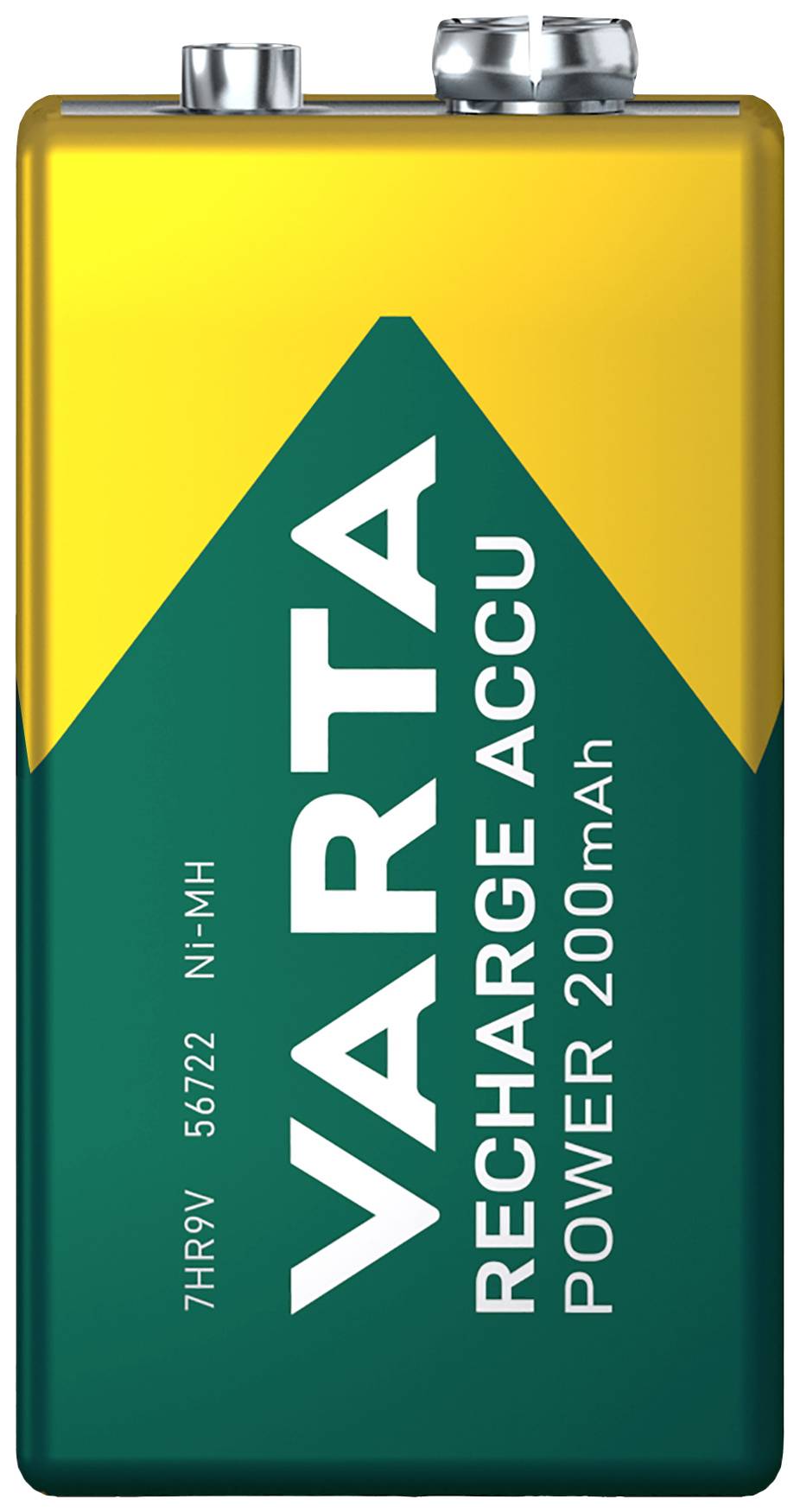 Batterie mit gelbem und grünem Gehäuse, Aufschrift 'VARTA RECHARGE ACCU POWER 200mAh', silberne Kontakte oben.