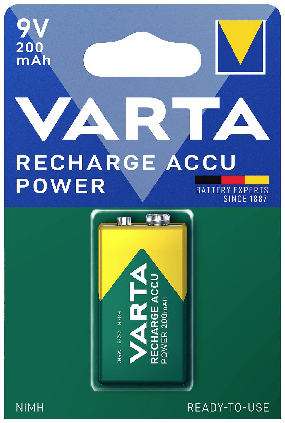 'VARTA' Akku-Batterie im Blister. 9V, 200mAh, NiMH, wiederaufladbar, mit blau-gelbem Design. Text: 'Ready-to-use', 'Battery experts since 1887'.