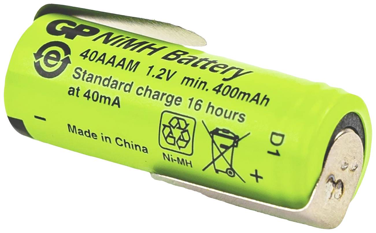 Ein kleiner, grüner NiMH 40AAAM-Akku mit 1,2V und 400mAh. Aufschrift zeigt Ladeanweisungen: 'Standard charge 16 hours at 40mA'. Made in China.