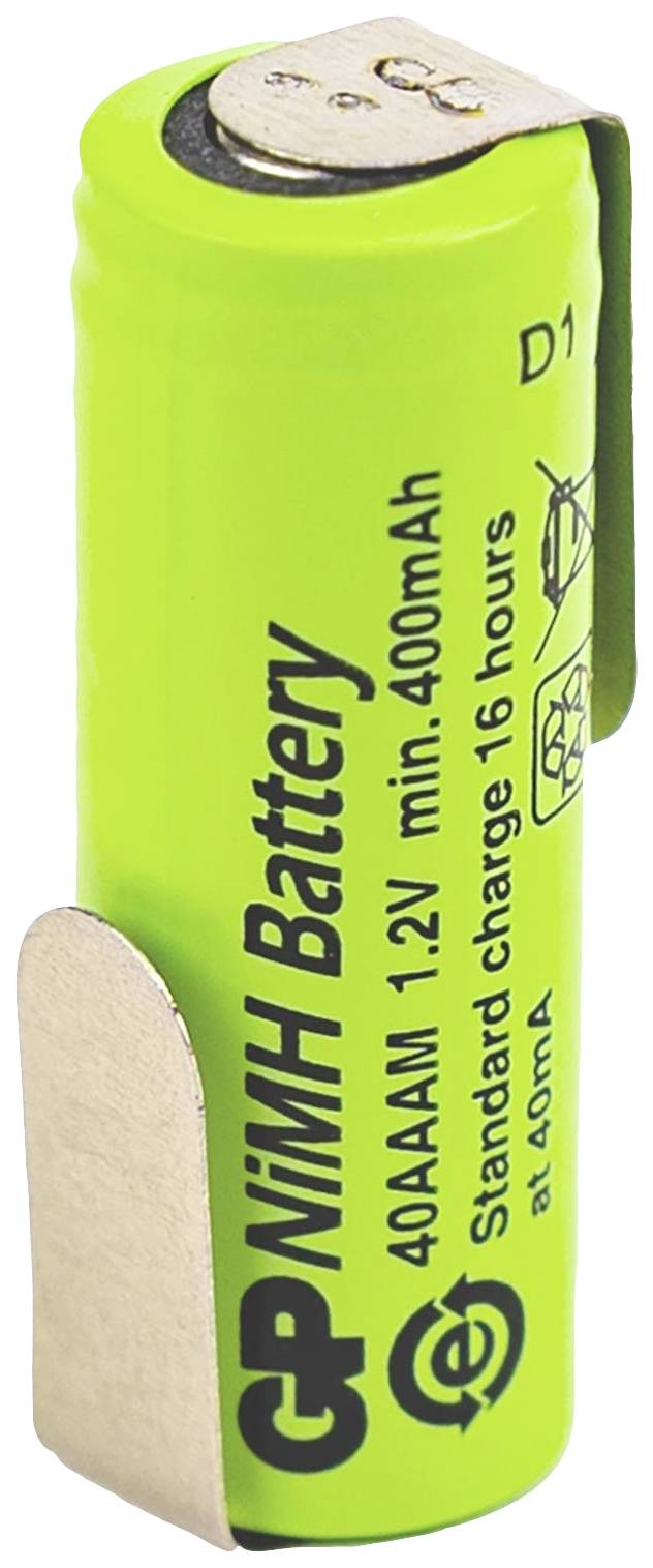 Eine grüne NiMH-Batterie mit der Aufschrift 'GP NiMH Battery', '1.2V min. 400mAh'. Sie zeigt Symbole für Standardladung und Recycling.