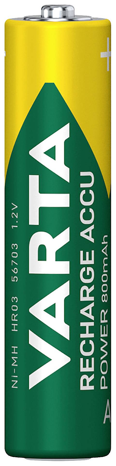 Batterie vom Typ AAA mit der Aufschrift 'VARTA RECHARGE ACCU Power 800mAh', zeigt positive Polarität oben.