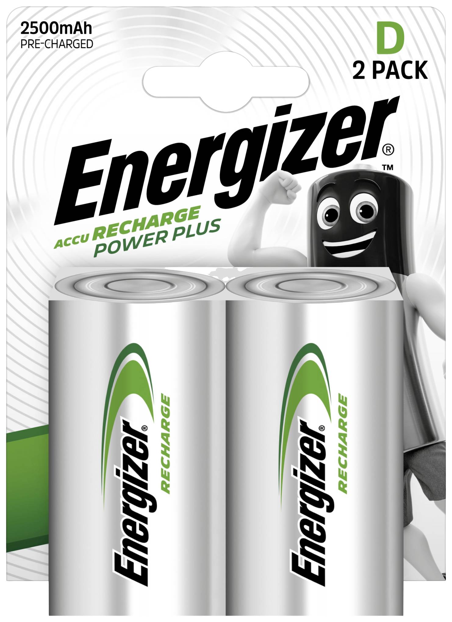 Zwei wiederaufladbare D-Batterien der Marke Energizer 'Recharge Power Plus' in einer Verpackung mit einem Energizer-Maskottchen im Hintergrund.