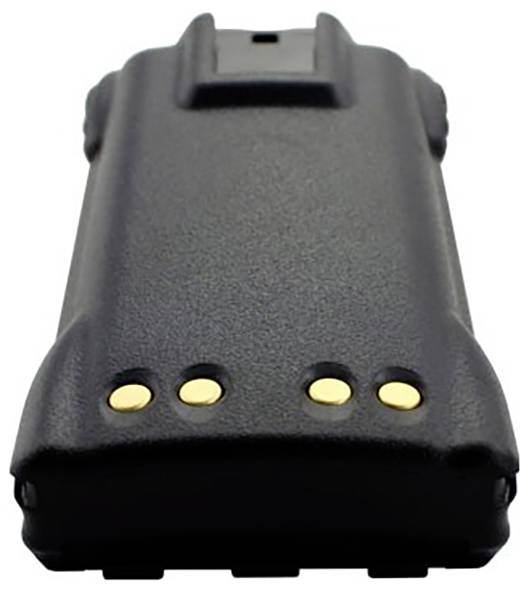 Eine schwarze Funksprechanlage mit zwei Kommunikationsrichtungen und drei sichtbaren Goldkontaktpunkten an der Unterseite.