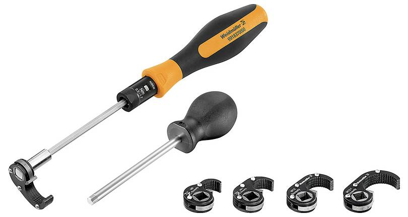 Satz von zwei Drehmomentschraubendrehern mit wechselbaren Kappen in verschiedenen Größen. Orange-schwarzer Griff, Markierung auf dem größeren.
