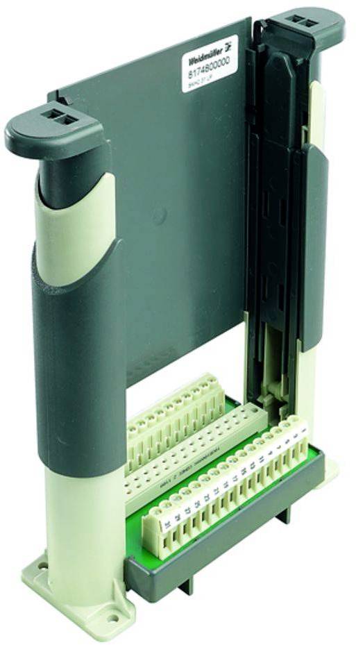 Elektronisches Modul mit grüner Leiterplatte, mehreren Anschlussklemmen und zwei vertikalen Halterungen.