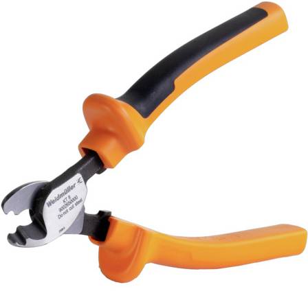 Abbildung einer orangenen Kabelschere mit ergonomischen Griffen, geeignet zum Schneiden von Drähten und Kabeln.