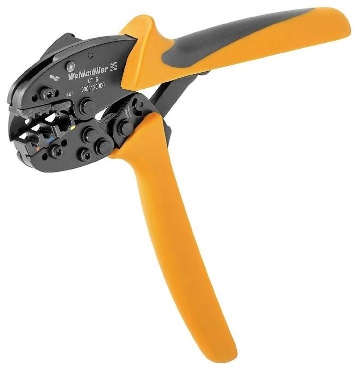 Eine orangefarbene Crimpzange mit schwarzem Mechanismus, verwendet zum Verbinden von elektrischen Drähten.