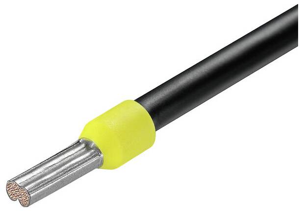 Ein Querschnitt eines elektrischen Kabels mit einer gelben Isolationsschicht, das Kupferstränge und eine schwarze Außenschicht zeigt.