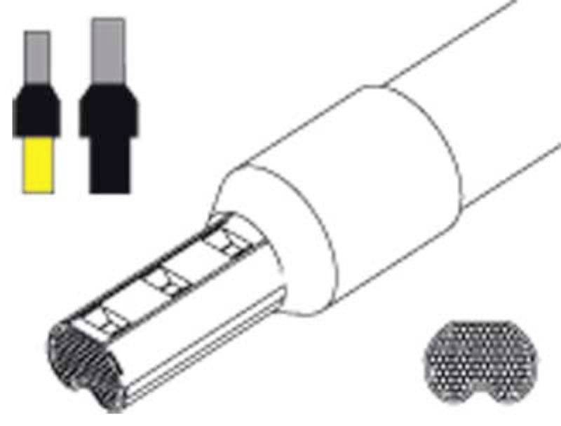 Diagramm eines elektrischen Steckverbinders mit Draufsicht und seitlicher Ansicht. Farblich gekennzeichnete Pinbelegungen sind sichtbar.