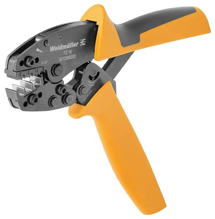 Eine orange Crimpzange mit der Aufschrift 'Weidmüller PZ 16 9012600000' auf dem Werkzeugkopf, vor einem weißen Hintergrund.
