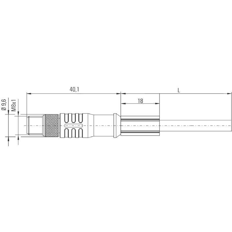 Technische Zeichnung eines Kabelsteckers, Seitenansicht, mit Abmessungen: 9,6 mm Breite, 40,1 mm Längensegment, mit L für Gesamtlänge gekennzeichnet.