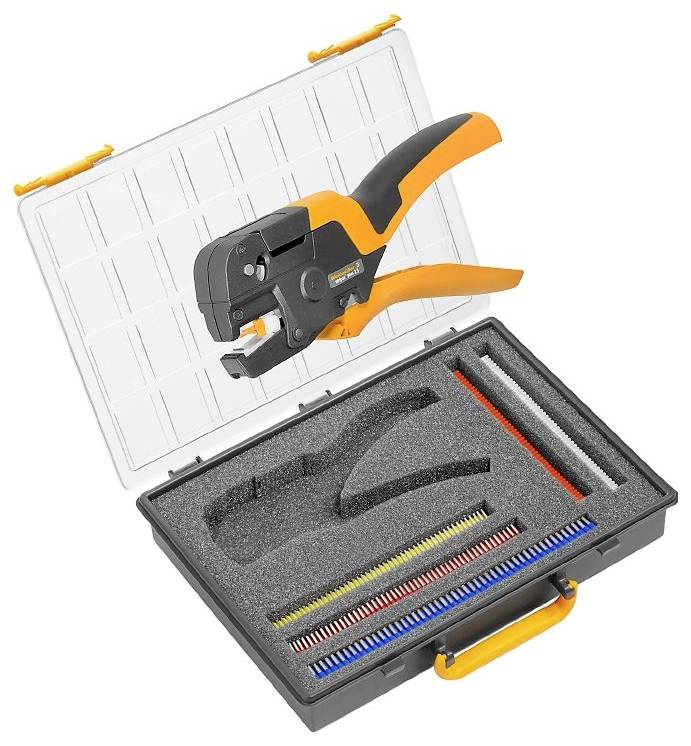 Werkzeugkoffer mit einem orangefarbenen und schwarzen automatischen Abisolierwerkzeug, das in einem grauen Schaumstoffeinsatz in einem geöffneten Kunststoffkoffer mit verschiedenen Kabelverbindern liegt.