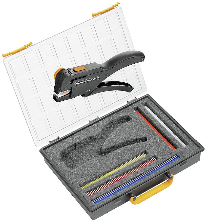 Eine offene Werkzeugkiste enthält eine Kabelbinder-Zange und mehrere Reihen von Kabelbindern in verschiedenen Farben.