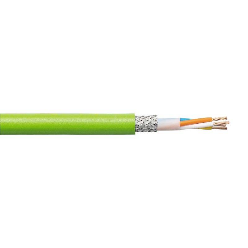 Grünes Kabel mit metallischer Abschirmung und vier freigelegten, unterschiedlich farbigen Innenleitern am Ende.