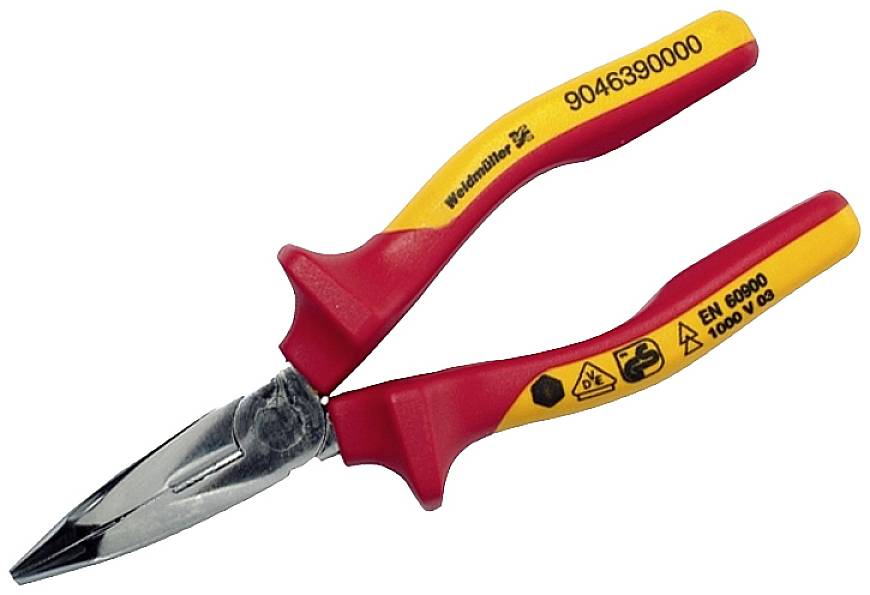 Seitenschneider mit roten und gelben Griffen, geeignet für Arbeiten mit bis zu 1000 Volt.