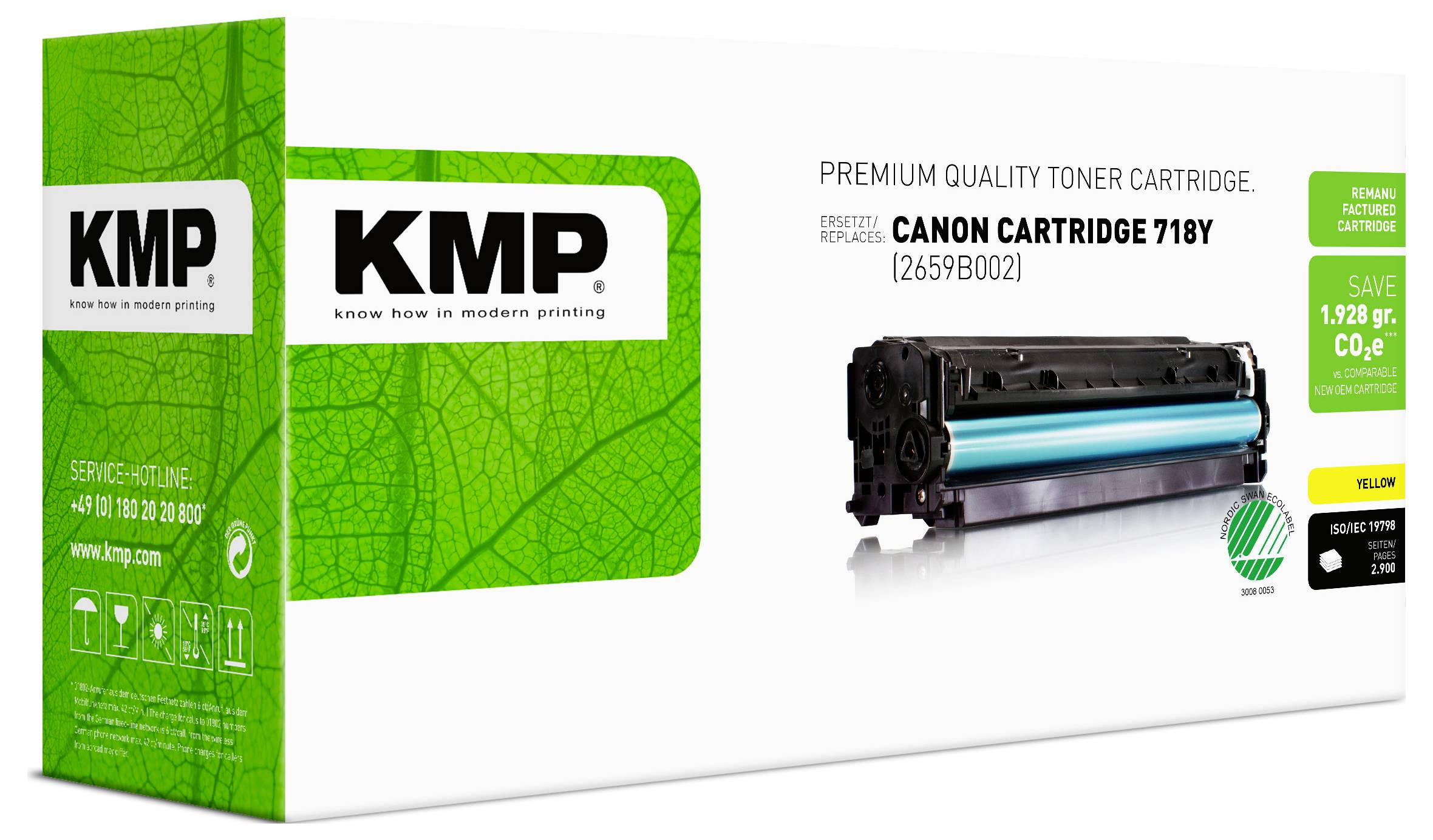 Verpackungsbild einer KMP-Premium-Qualitäts-Tonerpatrone für Canon Patrone 718Y, das die grüne KMP-Box und die Tonereinheit zeigt.
