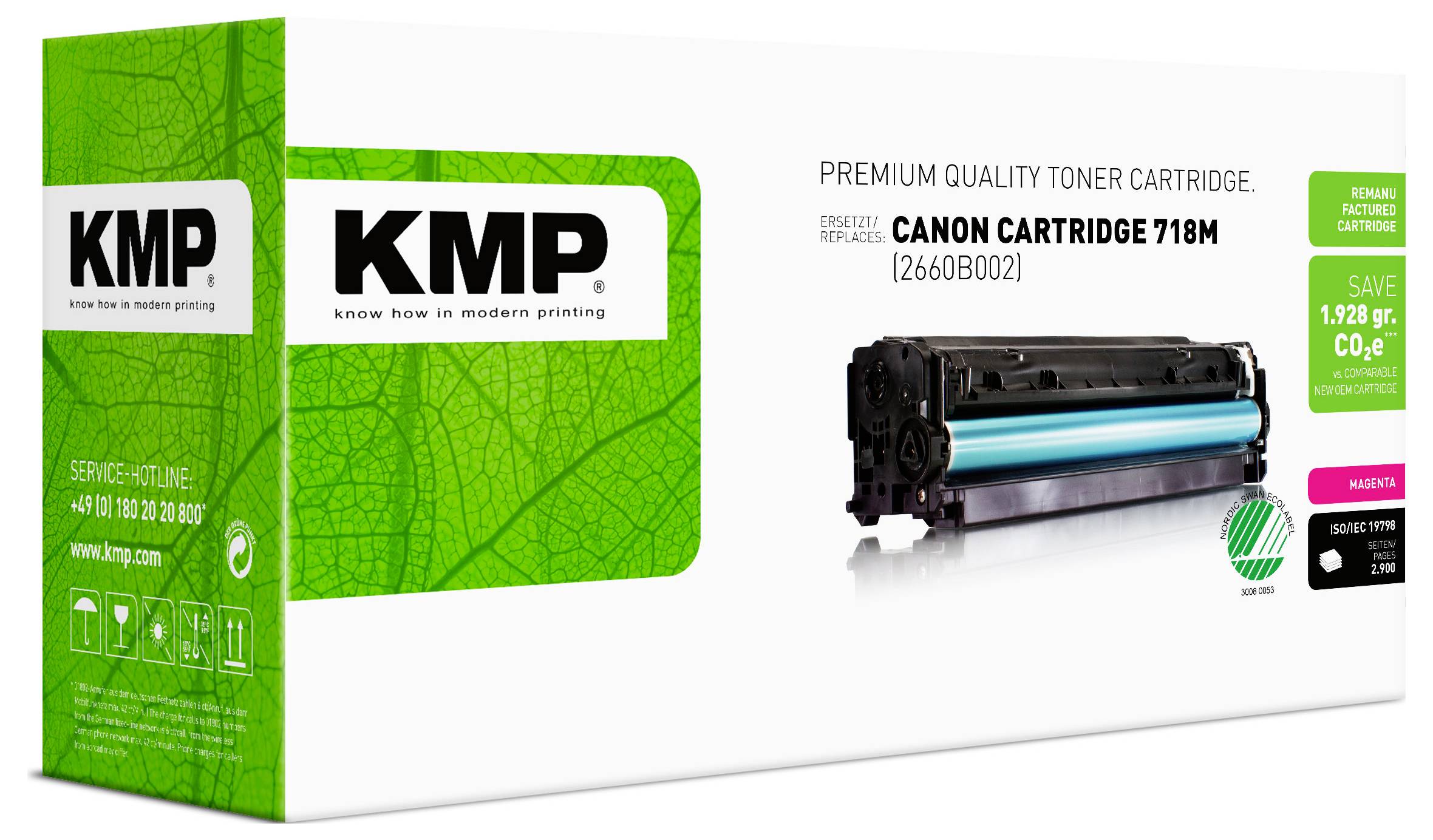 KMP Premium-Qualität Tonerpatrone für Canon Cartridge 718M, gezeigt in grün-weißer Verpackung mit Produktbild und Branding.