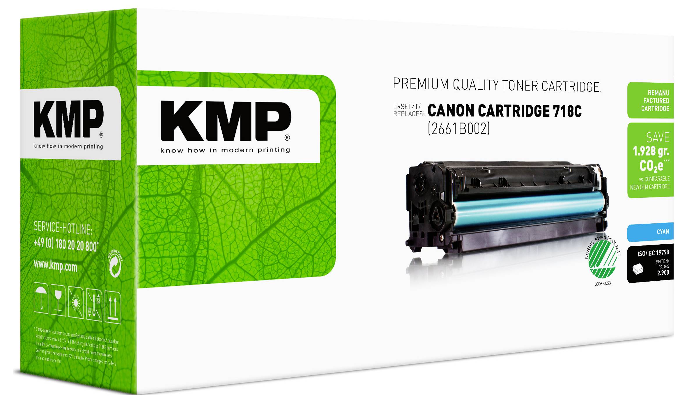 KMP Premium-Qualitäts-Tonerpatrone für Canon Cartridge 718C, gezeigt in grüner Verpackung mit dem Patronenbild und Kompatibilitätsetiketten.