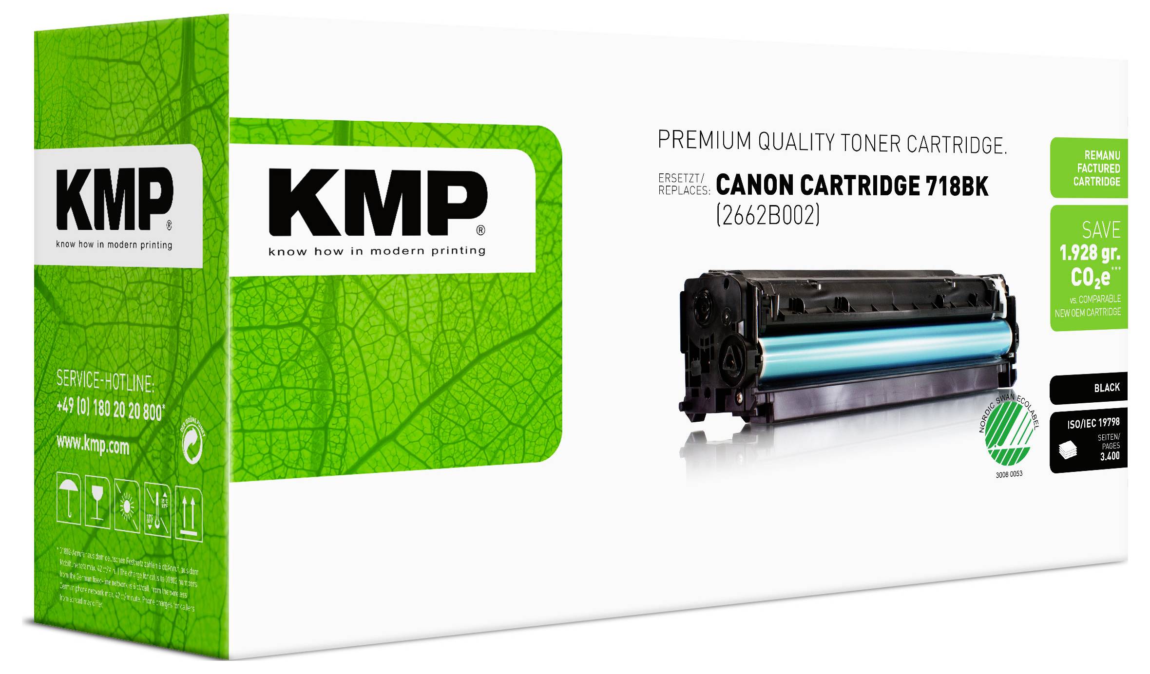 KMP Premium-Qualitäts-Tonerkartusche für Canon Cartridge 718BK, gezeigt mit der schwarzen Kartusche und grüner Verpackung.
