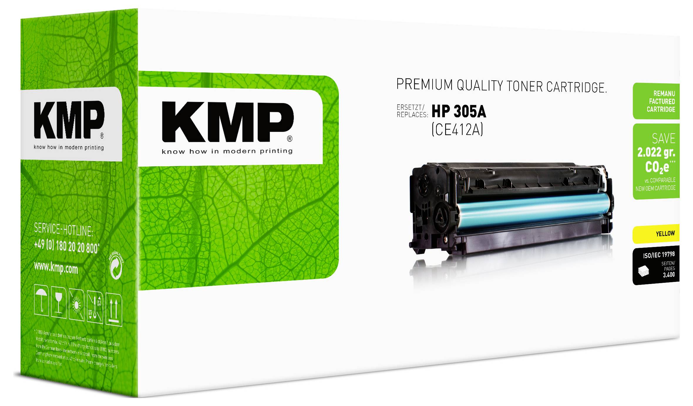 KMP Premium-Qualität Tonerpatrone Verpackung für HP 305A (CE412A), gezeigt mit einer schwarzen und cyan Patrone sowie grünem „aufgearbeitete Patrone" und Sparetiketten.