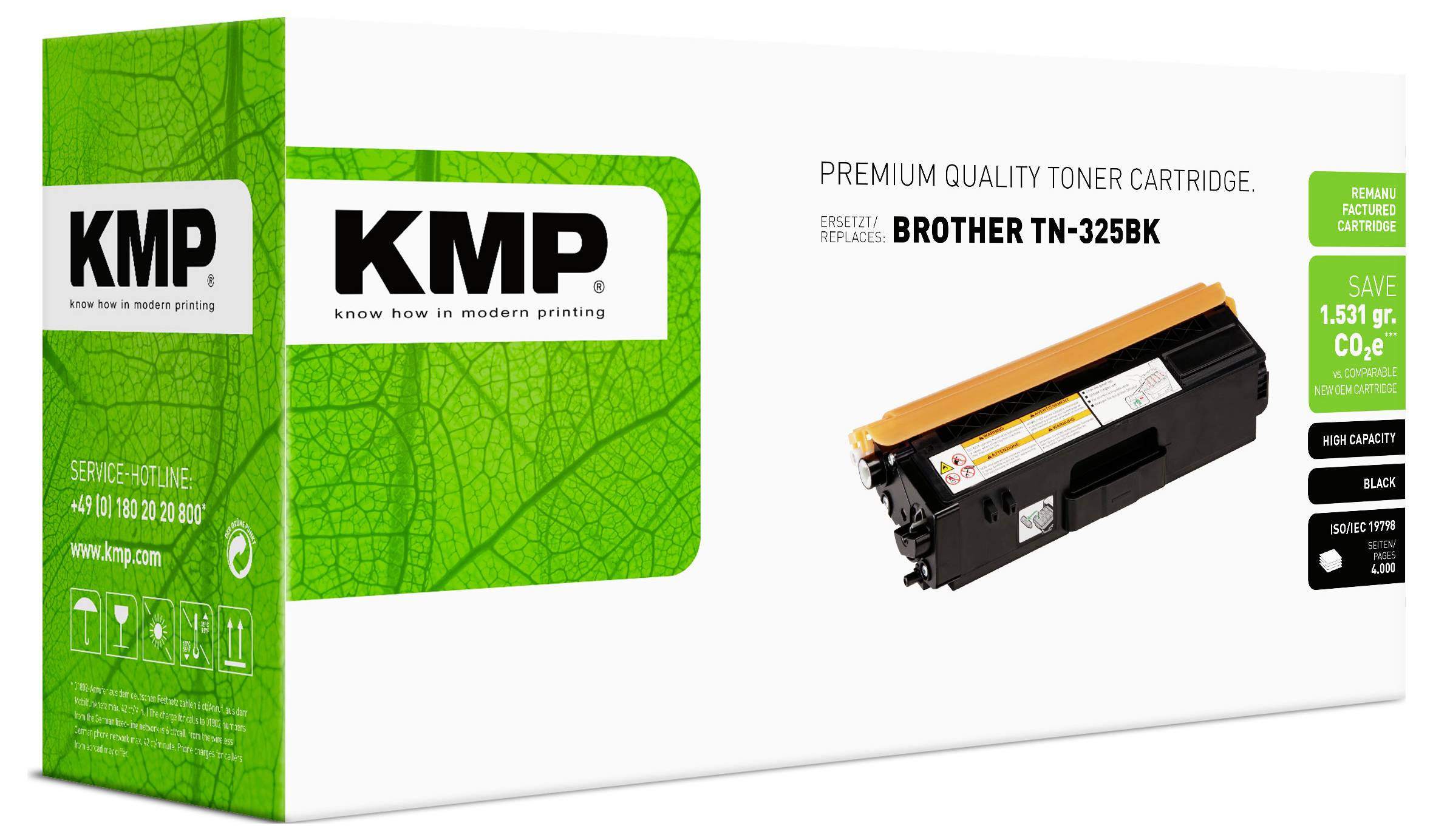 KMP Premium-Qualität Tonerkassette Box für Brother TN-325BK, zeigt eine schwarze Tonerkassette und grüne Verpackung auf weißem Hintergrund.