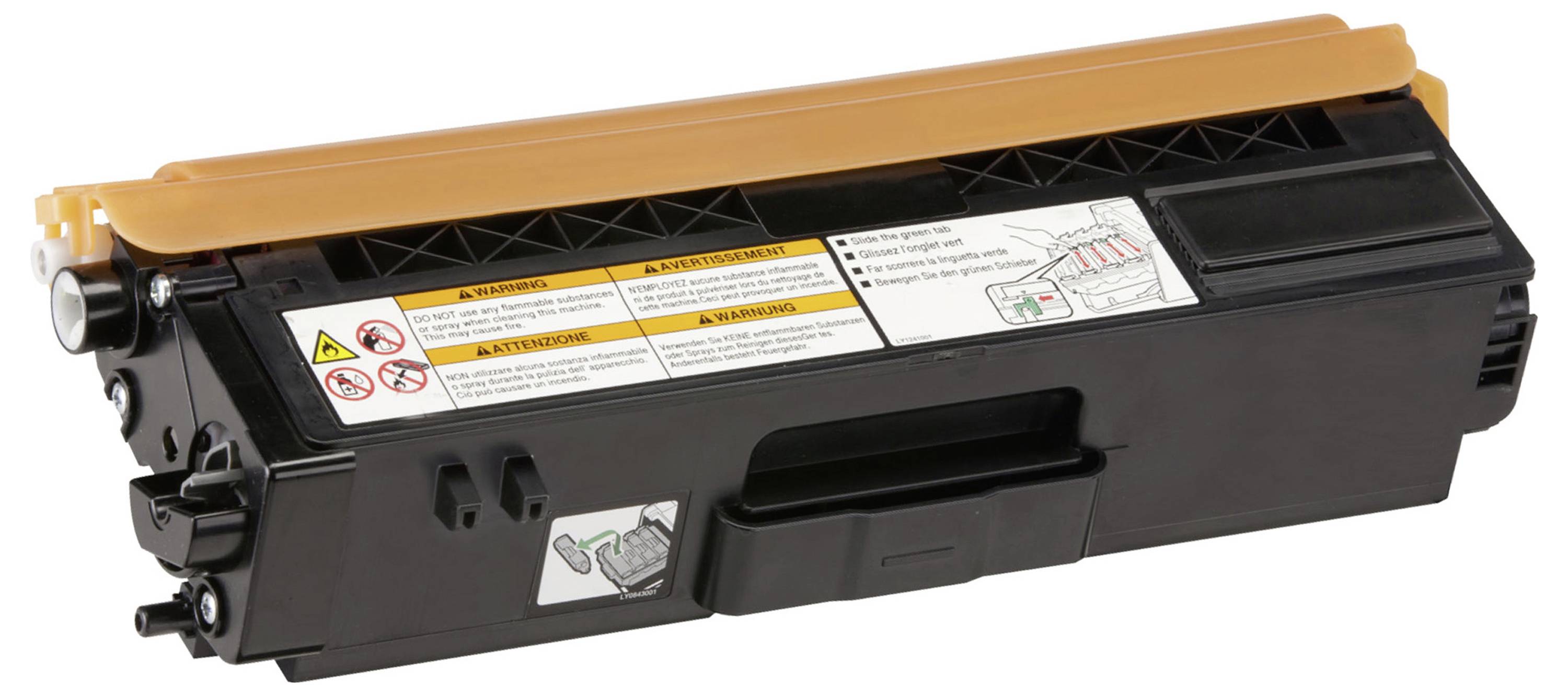 Schwarze Druckertonerkassette mit orangefarbiger Schutzkappe und Warnaufklebern, dargestellt auf weißem Hintergrund.