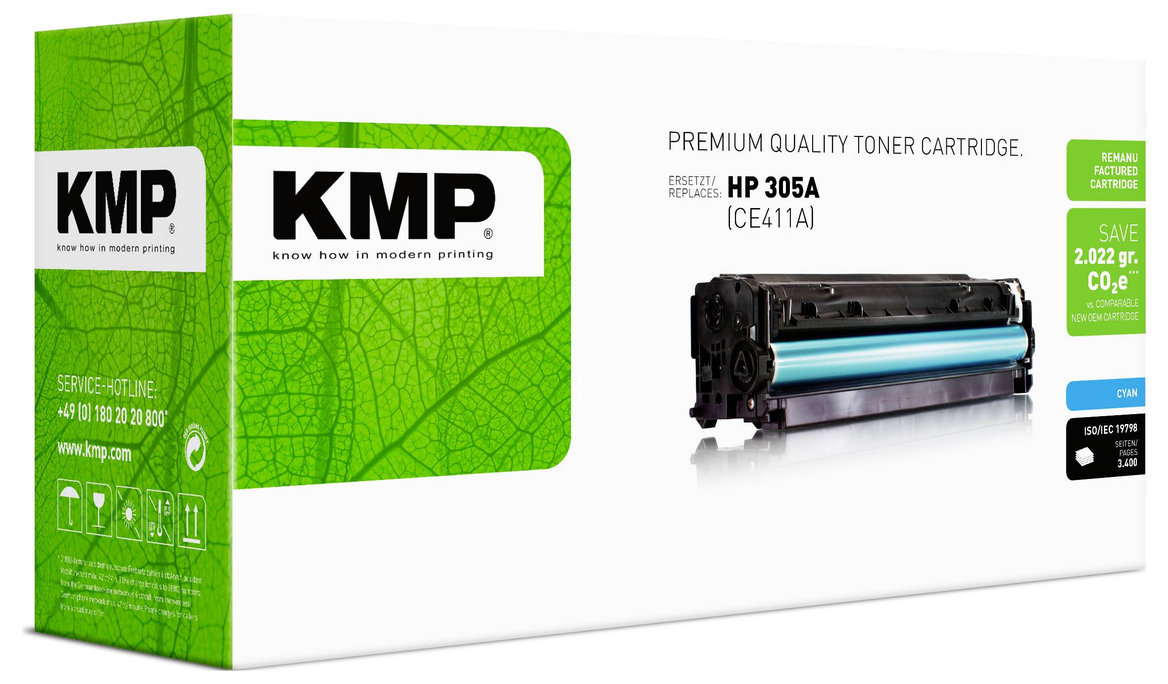 KMP Premium-Qualität Tonerpatrone Verpackung für HP 305A (CE411A), gezeigt mit einer schwarzen Druckertonerpatrone und grünem Schachteldesiign.