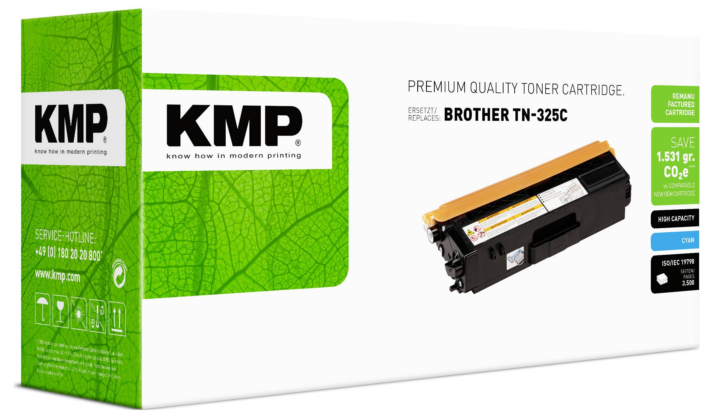 KMP Premium-Qualität Tonerpatrone Verpackung für Brother TN-325C, zeigt eine schwarz-orangefarbene Tonerpatrone und grüne KMP-Schachtel.